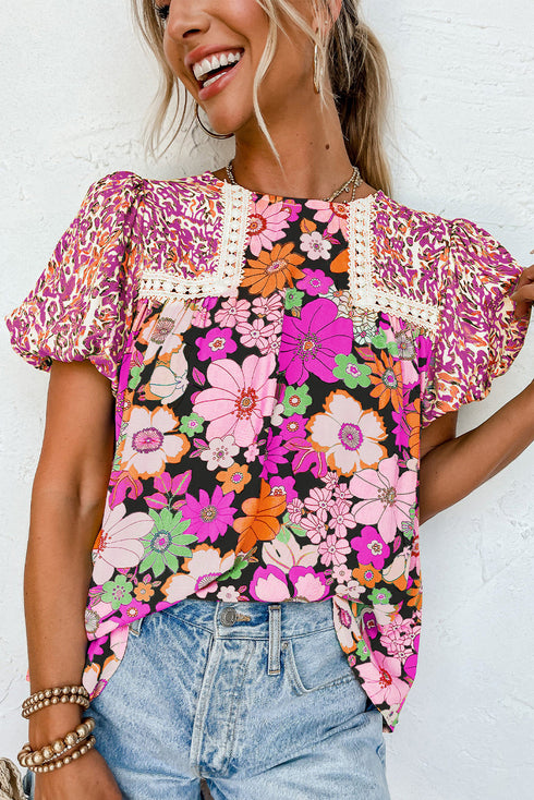 Bubble Sleeve Lace Trim Floral Mixed Print Blouse